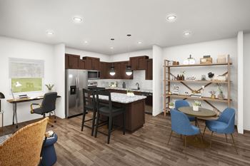 An open floor plan with a kitchen and dining area
